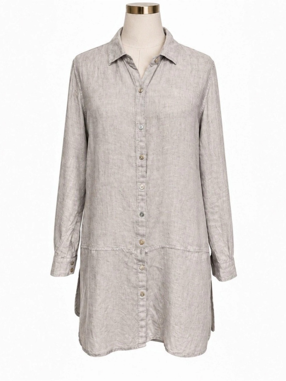 Tahari 100% Linen Long Button Front Tunic Shirt Medium Neutral